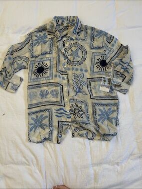 Violet Kay Beige and Light Blue Tropical Shirt with a set of wide legged pants